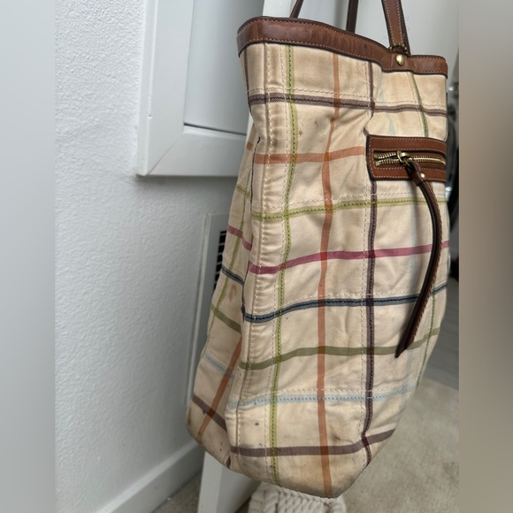 Coach Bleeker Tattersal Plaid Travel Tote Bag Brown Leather Trim & Zip pocket - Picture 9 of 16